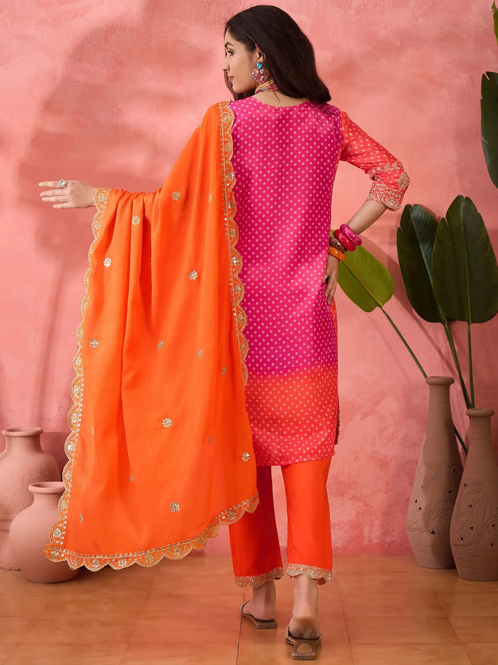 Sophisticated Printed & Embroidered Chinon Silk Suit Set