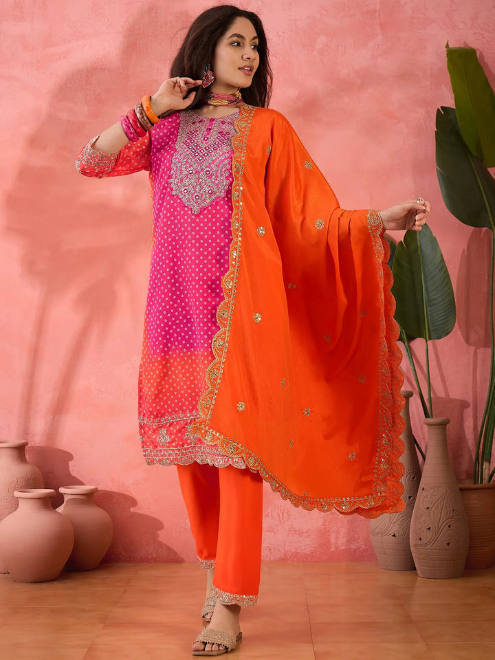 Sophisticated Printed & Embroidered Chinon Silk Suit Set