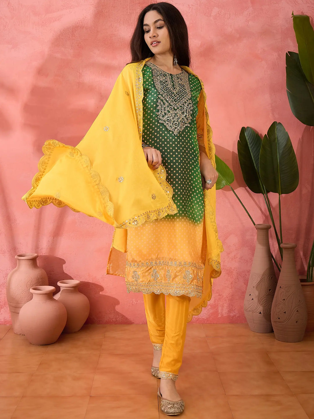 Sophisticated Printed & Embroidered Chinon Silk Suit Set