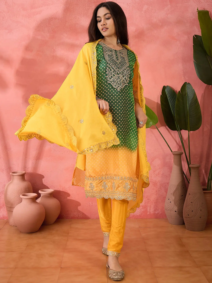Sophisticated Printed & Embroidered Chinon Silk Suit Set