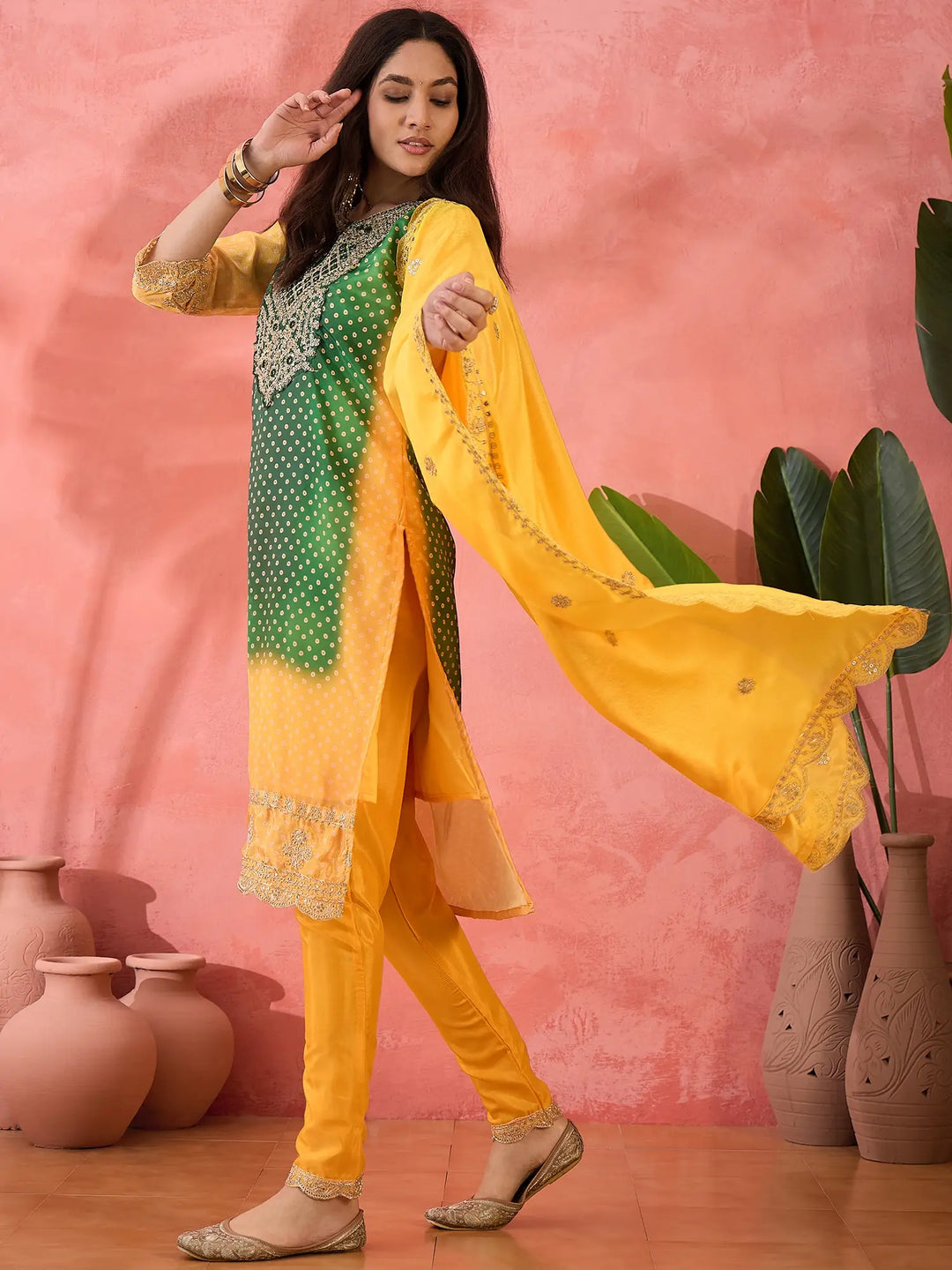 Sophisticated Printed & Embroidered Chinon Silk Suit Set