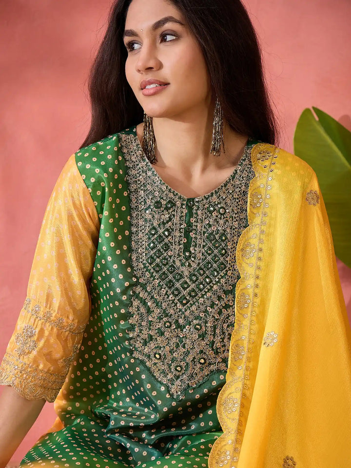 Sophisticated Printed & Embroidered Chinon Silk Suit Set