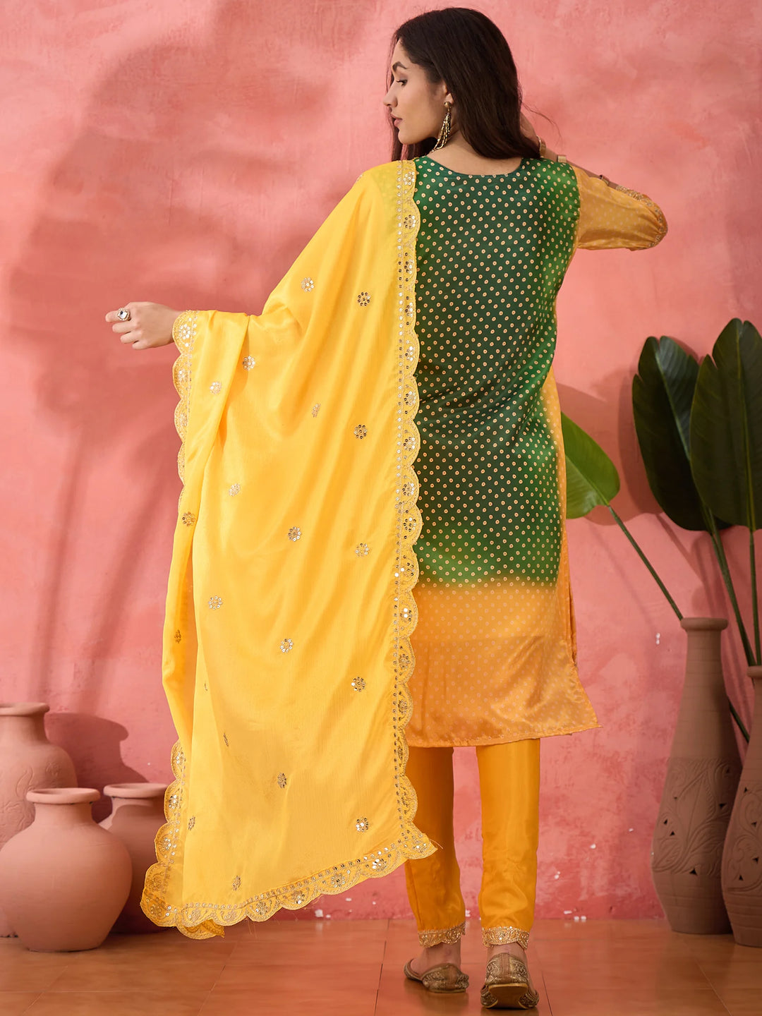 Sophisticated Printed & Embroidered Chinon Silk Suit Set