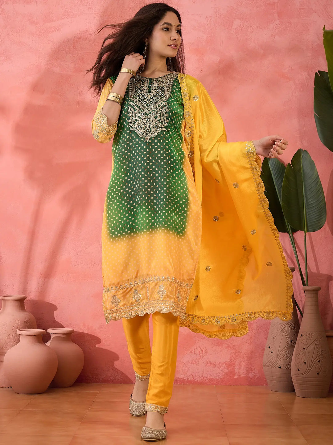 Sophisticated Printed & Embroidered Chinon Silk Suit Set