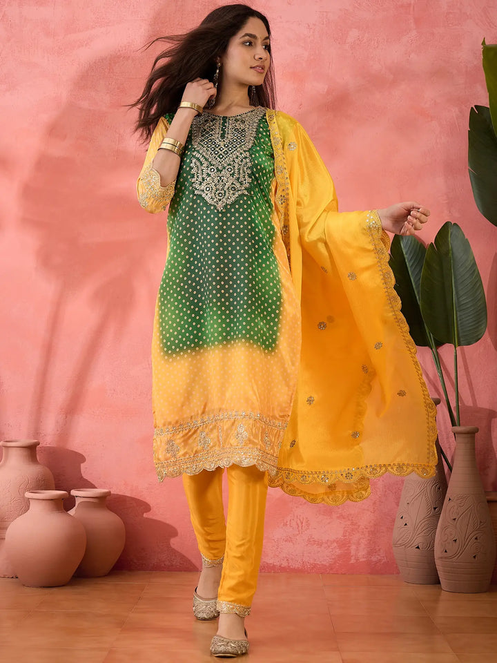 Sophisticated Printed & Embroidered Chinon Silk Suit Set