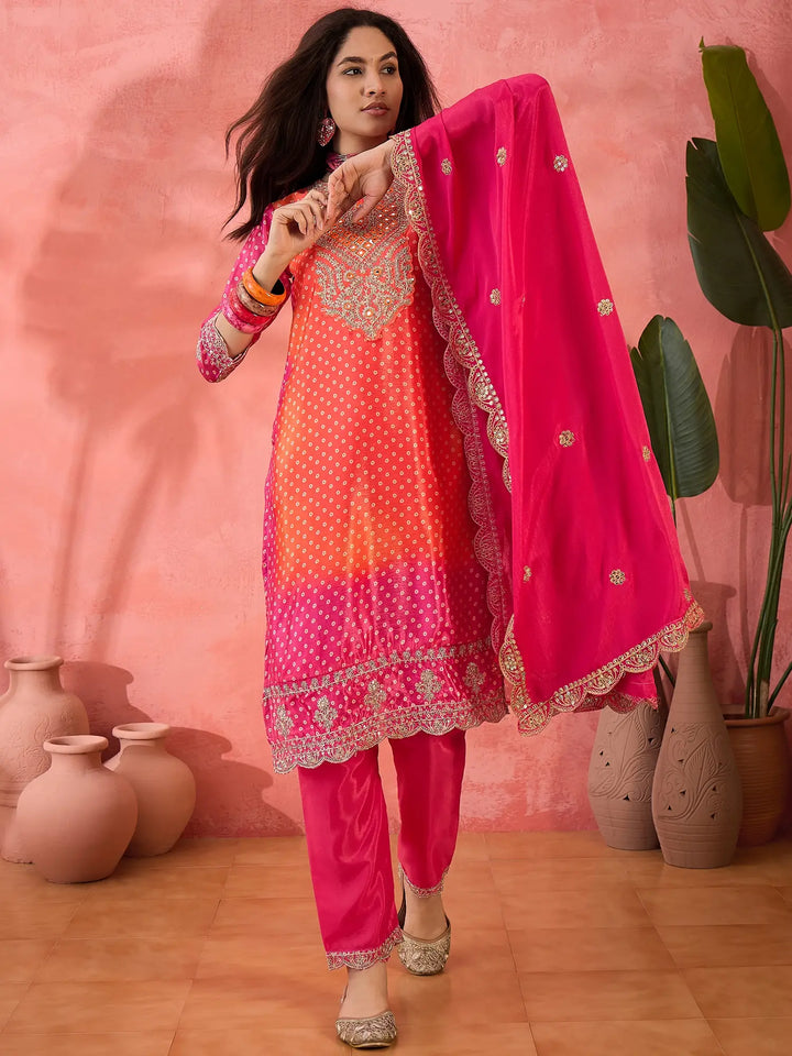 Sophisticated Printed & Embroidered Chinon Silk Suit Set