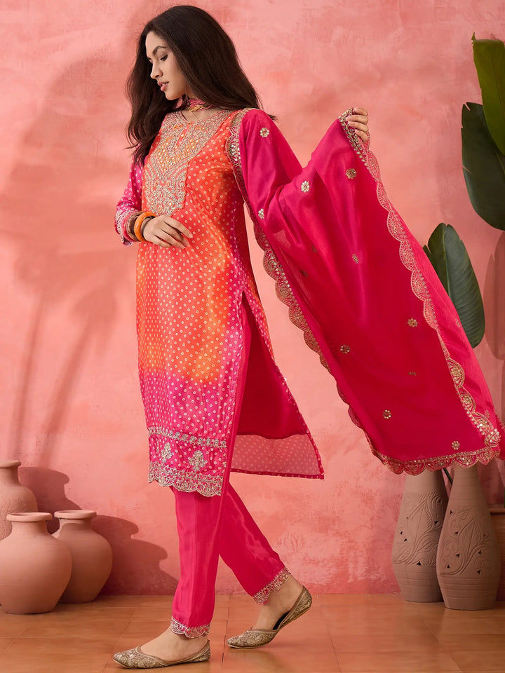 Sophisticated Printed & Embroidered Chinon Silk Suit Set