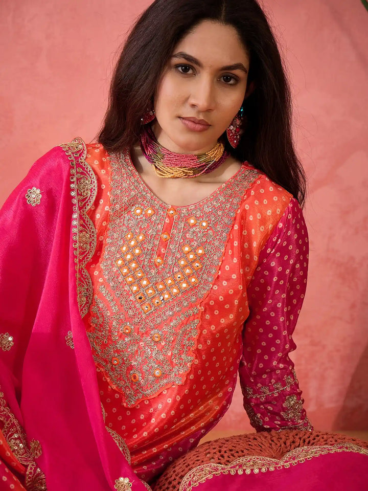 Sophisticated Printed & Embroidered Chinon Silk Suit Set