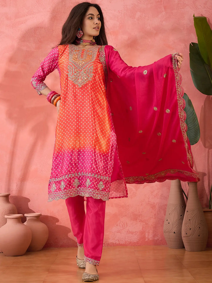 Sophisticated Printed & Embroidered Chinon Silk Suit Set