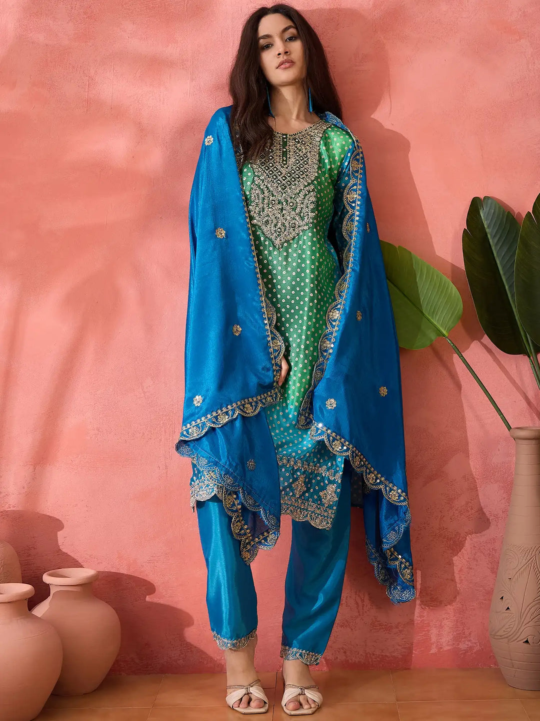 Sophisticated Printed & Embroidered Chinon Silk Suit Set
