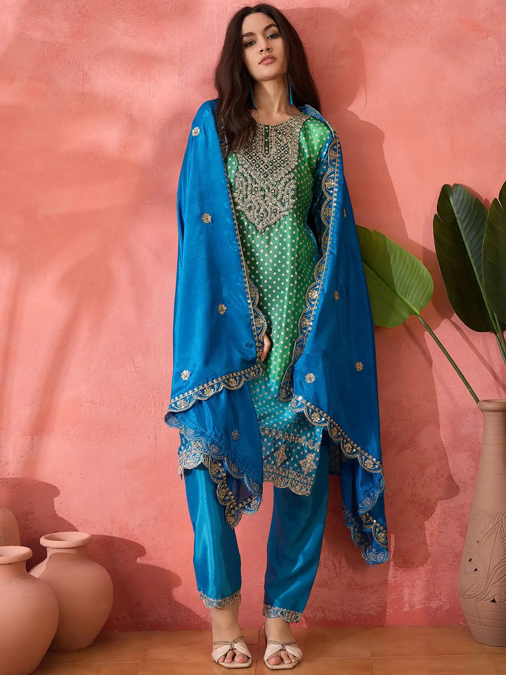 Sophisticated Printed & Embroidered Chinon Silk Suit Set