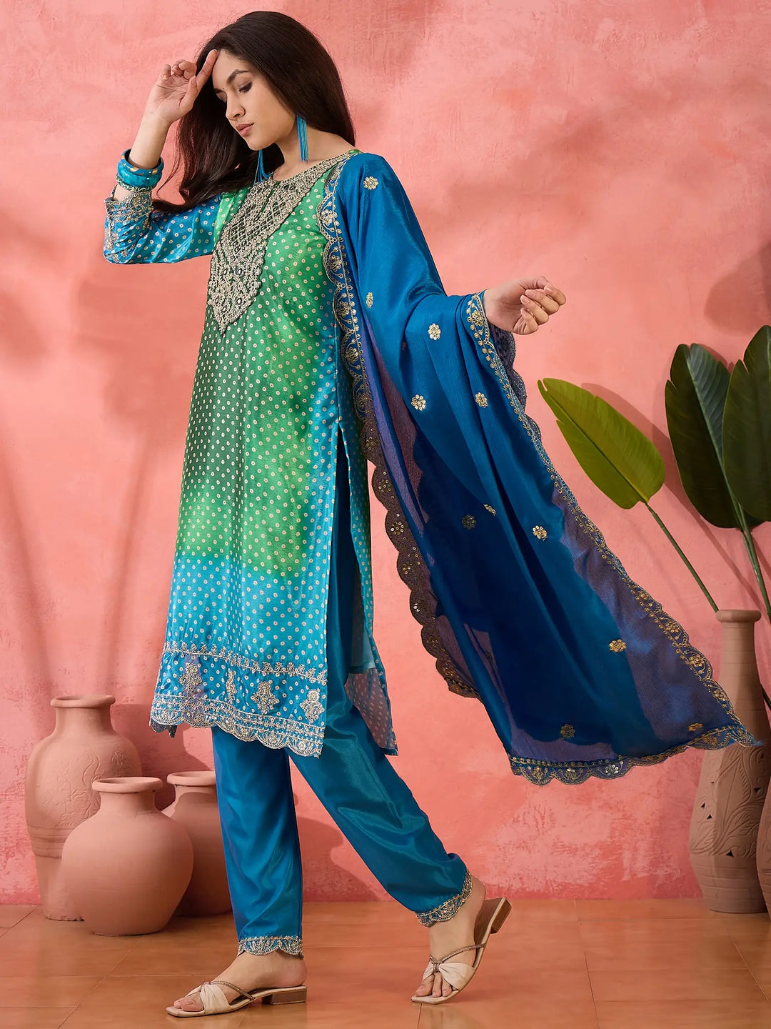 Sophisticated Printed & Embroidered Chinon Silk Suit Set