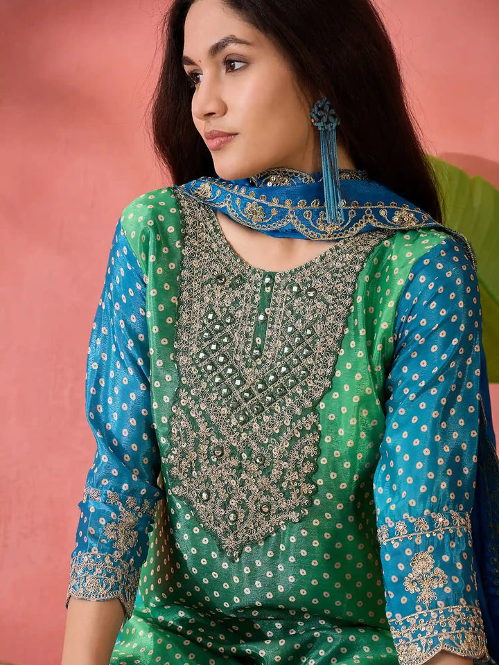 Sophisticated Printed & Embroidered Chinon Silk Suit Set