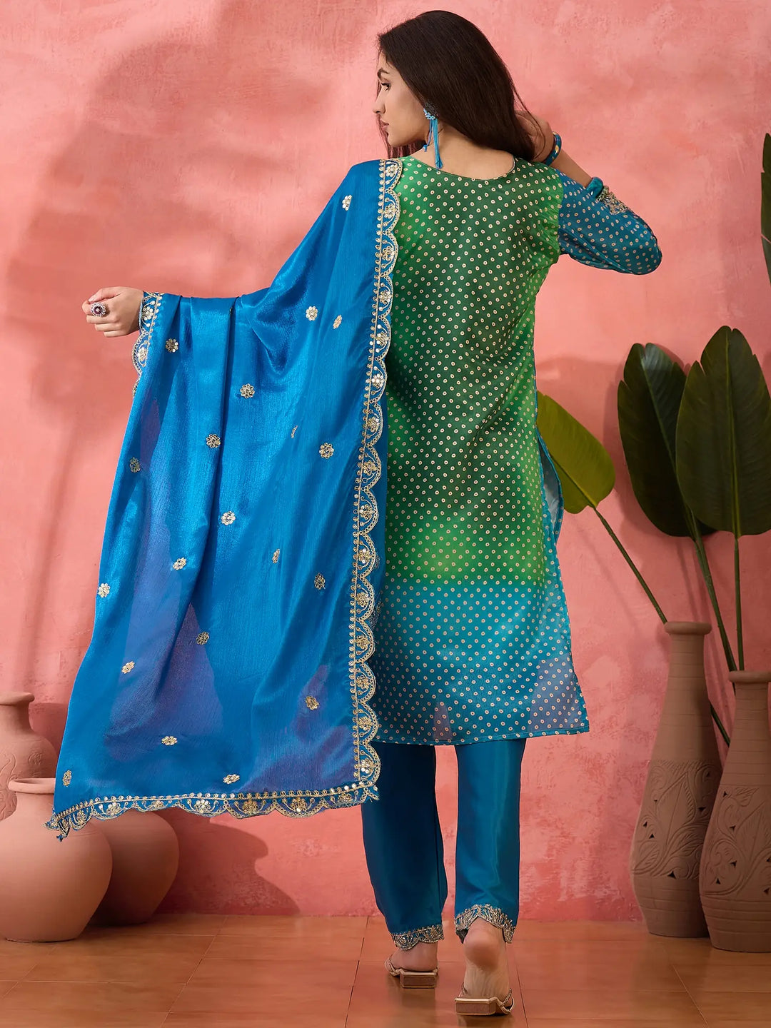 Sophisticated Printed & Embroidered Chinon Silk Suit Set