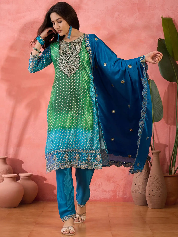 Sophisticated Printed & Embroidered Chinon Silk Suit Set