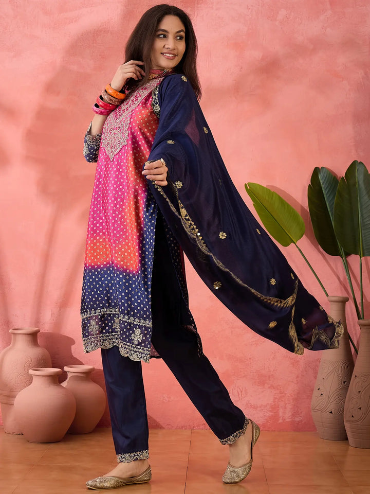 Sophisticated Printed & Embroidered Chinon Silk Suit Set