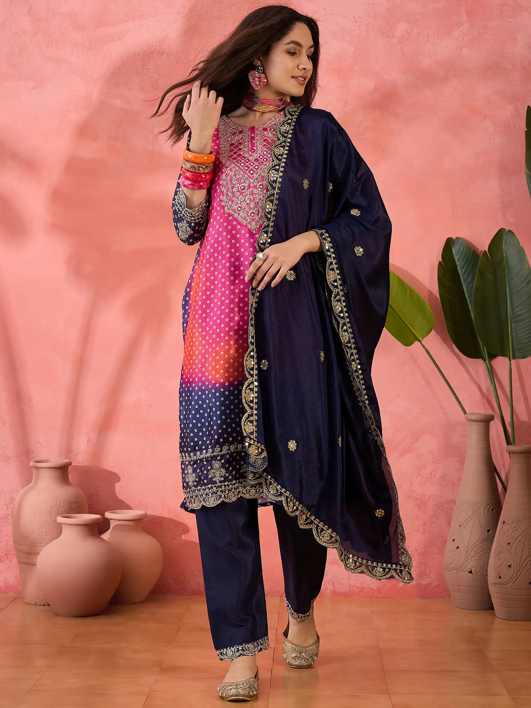 Sophisticated Printed & Embroidered Chinon Silk Suit Set