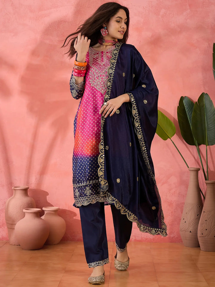 Sophisticated Printed & Embroidered Chinon Silk Suit Set
