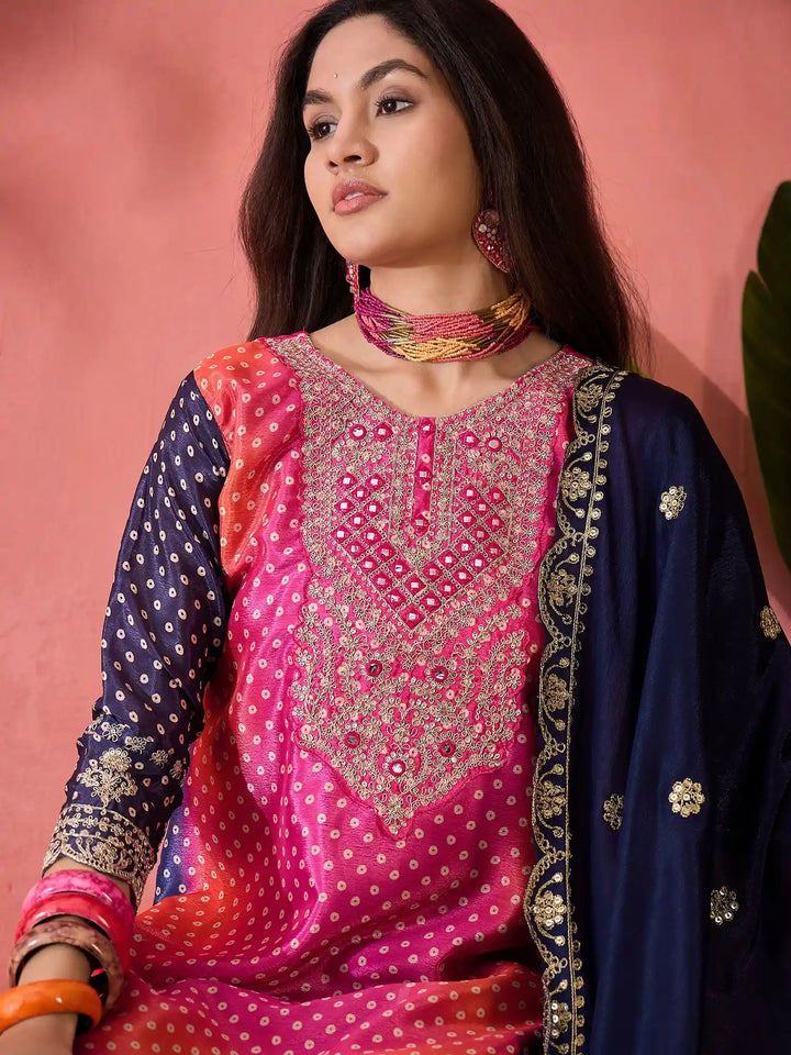 Sophisticated Printed & Embroidered Chinon Silk Suit Set
