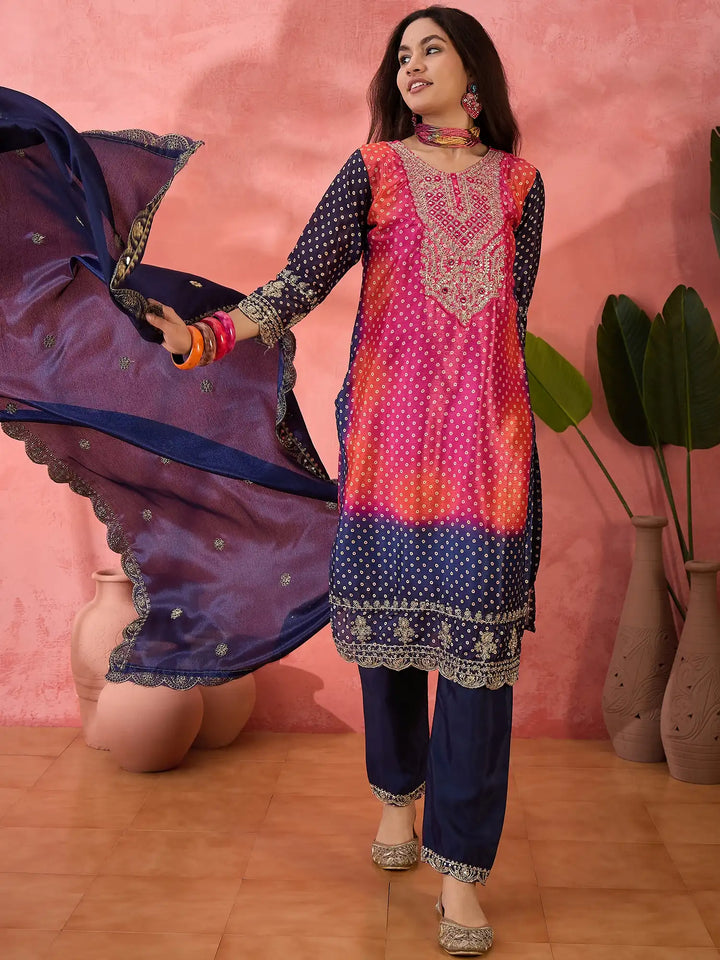 Sophisticated Printed & Embroidered Chinon Silk Suit Set