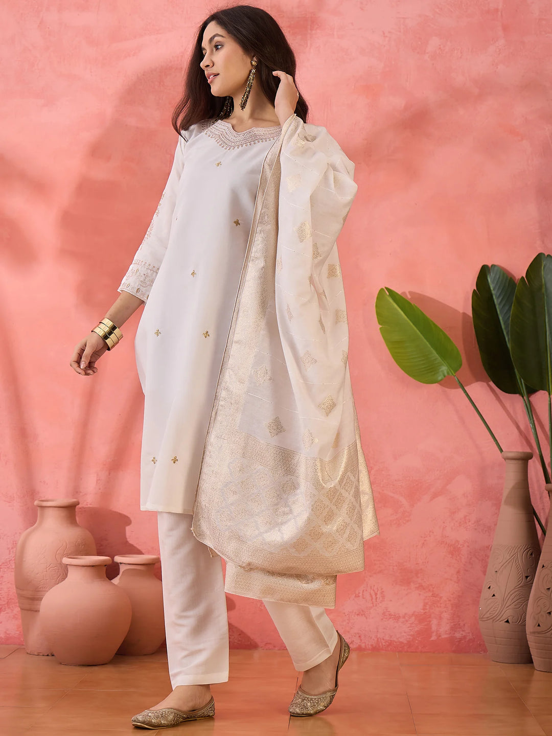 Roman Silk Salwar Kameez with Jacquard Dupatta & Embroidery