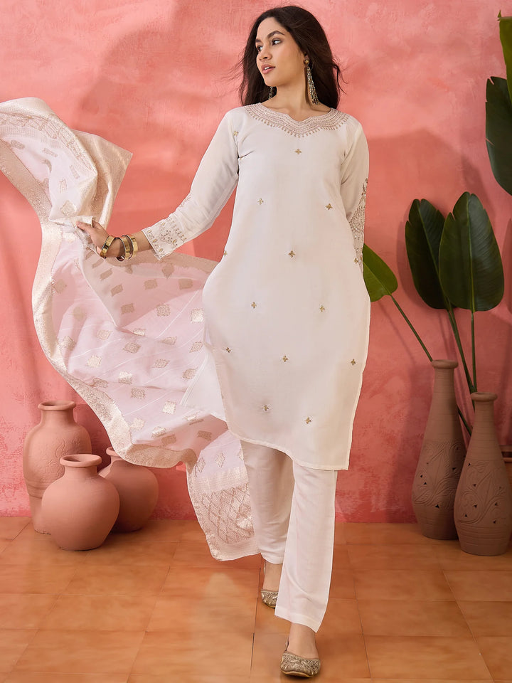 Roman Silk Salwar Kameez with Jacquard Dupatta & Embroidery