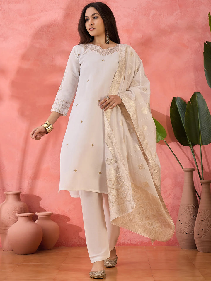 Roman Silk Salwar Kameez with Jacquard Dupatta & Embroidery
