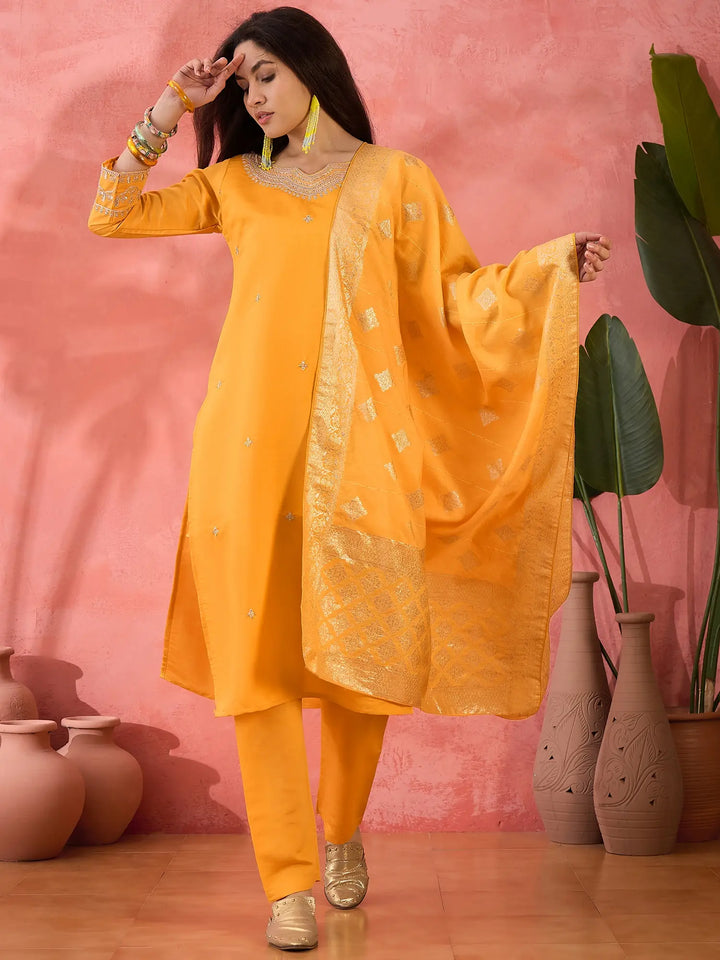 Roman Silk Salwar Kameez with Jacquard Dupatta & Embroidery