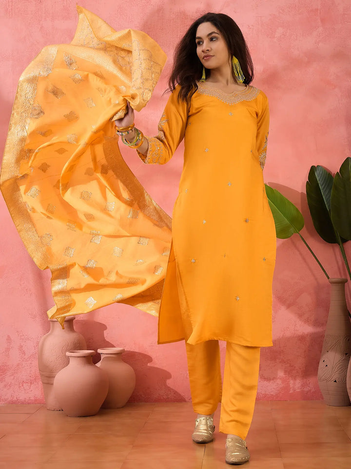 Roman Silk Salwar Kameez with Jacquard Dupatta & Embroidery