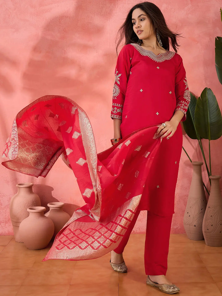 Roman Silk Salwar Kameez with Jacquard Dupatta & Embroidery
