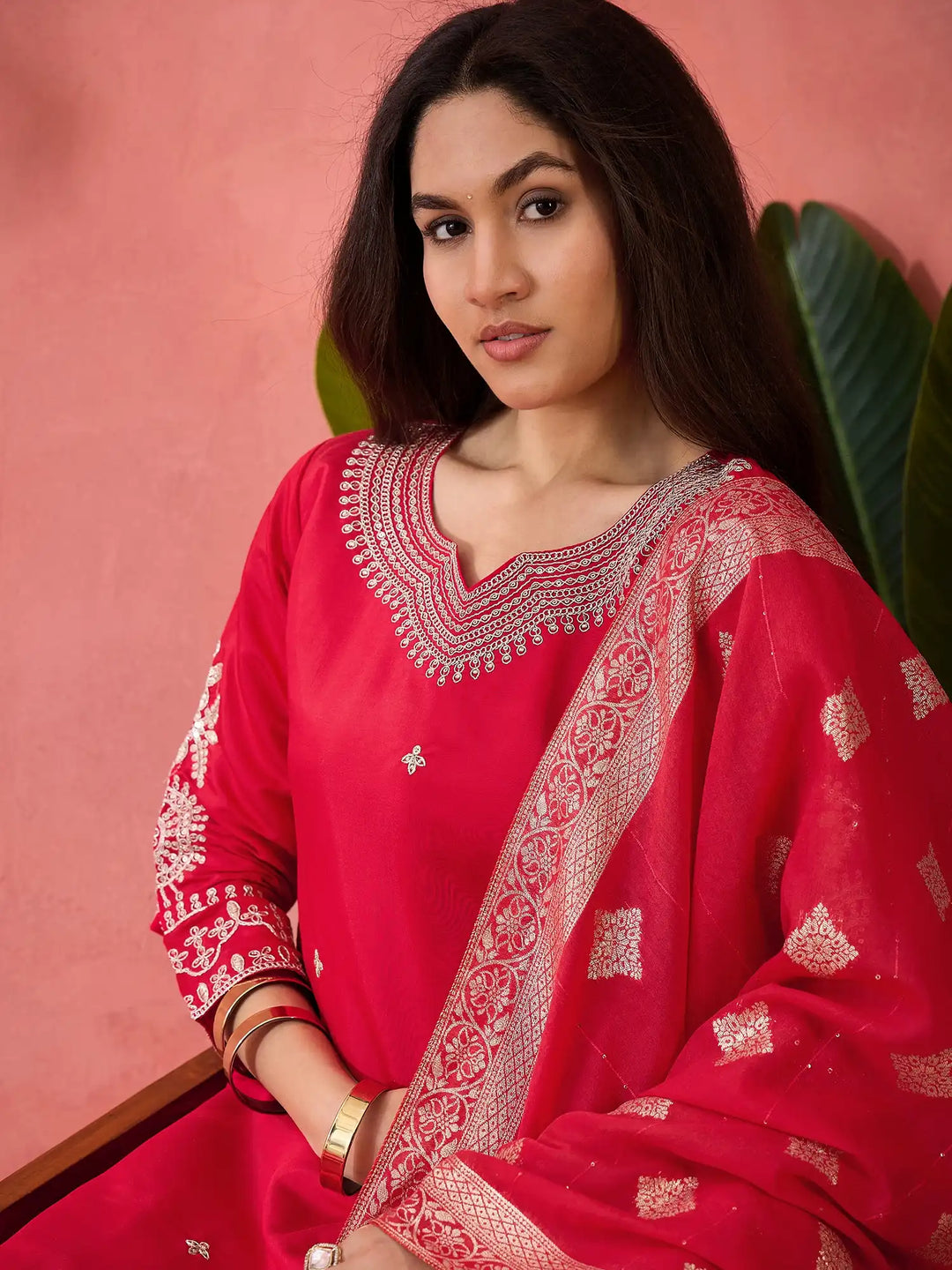 Roman Silk Salwar Kameez with Jacquard Dupatta & Embroidery