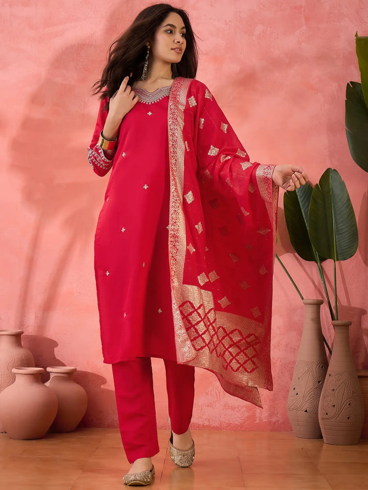 Roman Silk Salwar Kameez with Jacquard Dupatta & Embroidery
