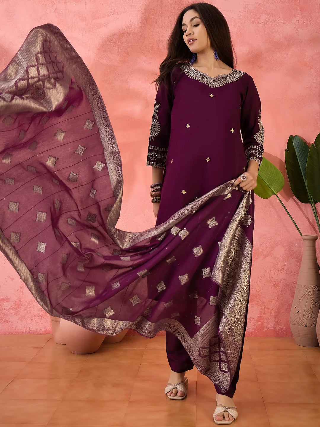 Roman Silk Salwar Kameez with Jacquard Dupatta & Embroidery
