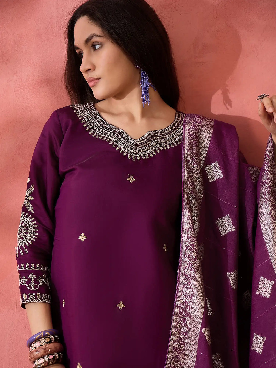 Roman Silk Salwar Kameez with Jacquard Dupatta & Embroidery