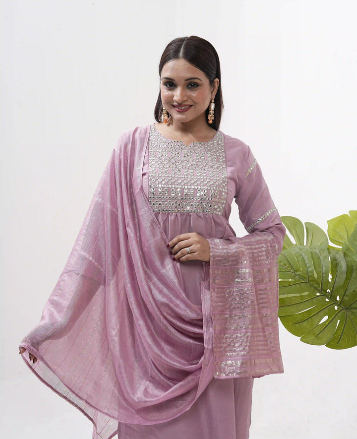 Vertical Silk Suit Set with Banarasi Dupatta & Sequins Work For Fetive Wear