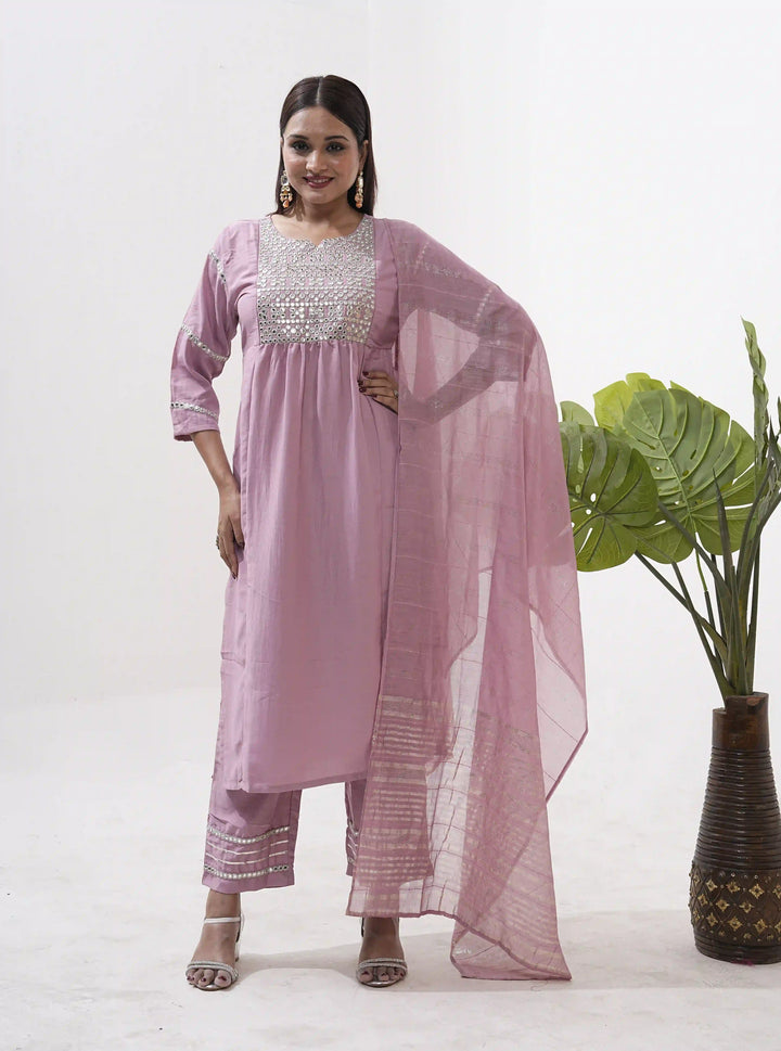 Vertical Silk Suit Set with Banarasi Dupatta & Sequins Work For Fetive Wear