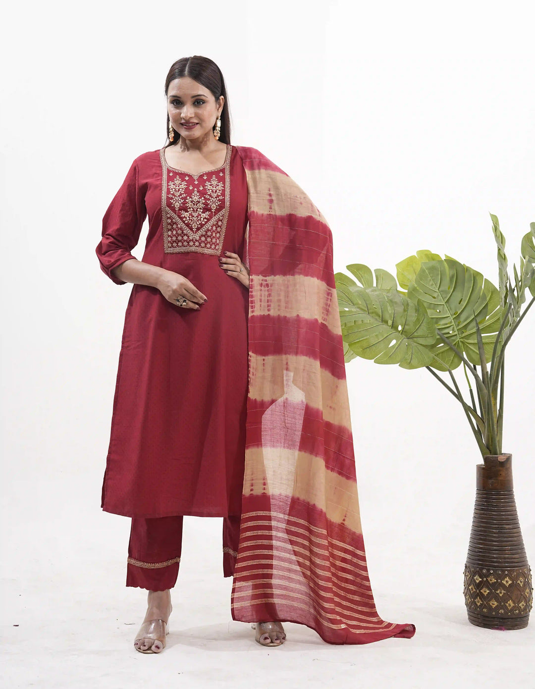 Vertical Silk Suit Set with Banarasi Dupatta & Sequins Work For Fetive Wear