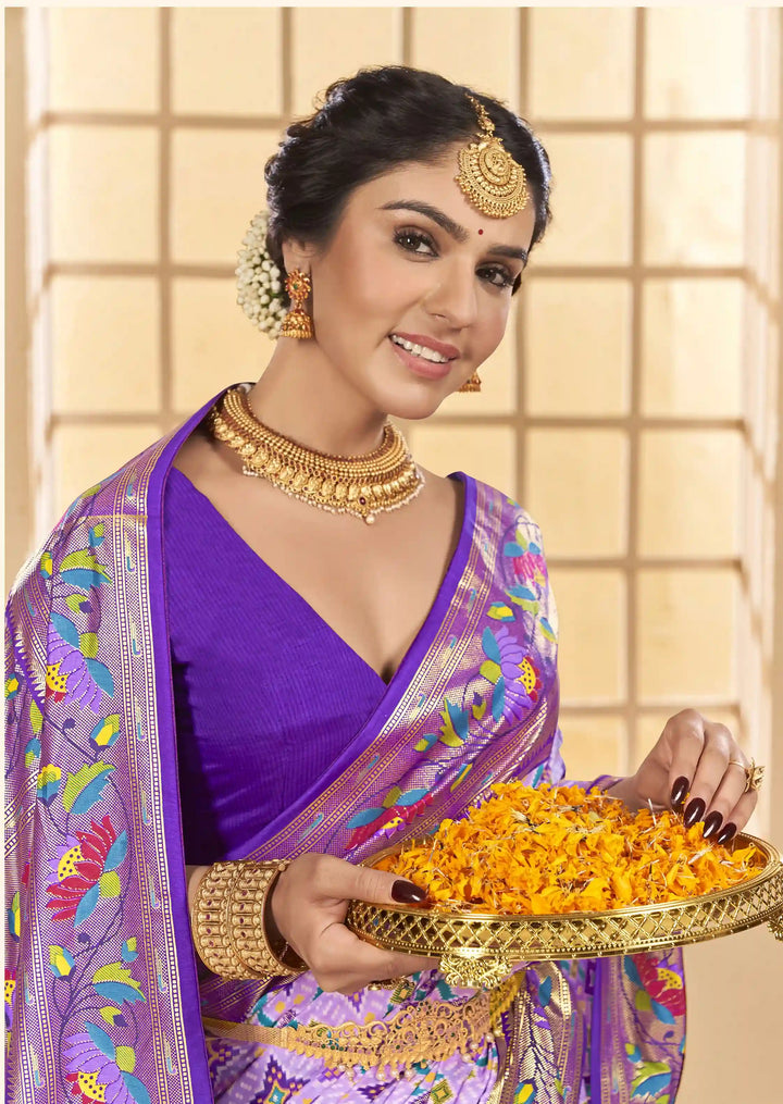 Stylish Lavender Saree with Wevon Border and Ikkat Print