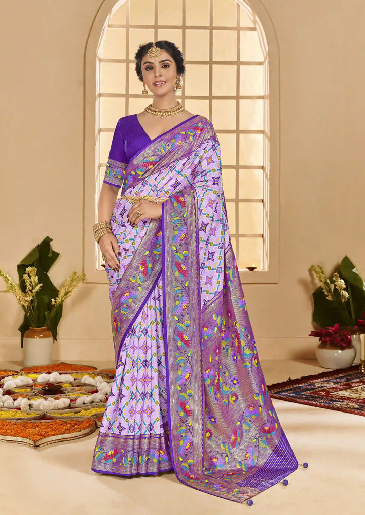 Stylish Lavender Saree with Wevon Border and Ikkat Print
