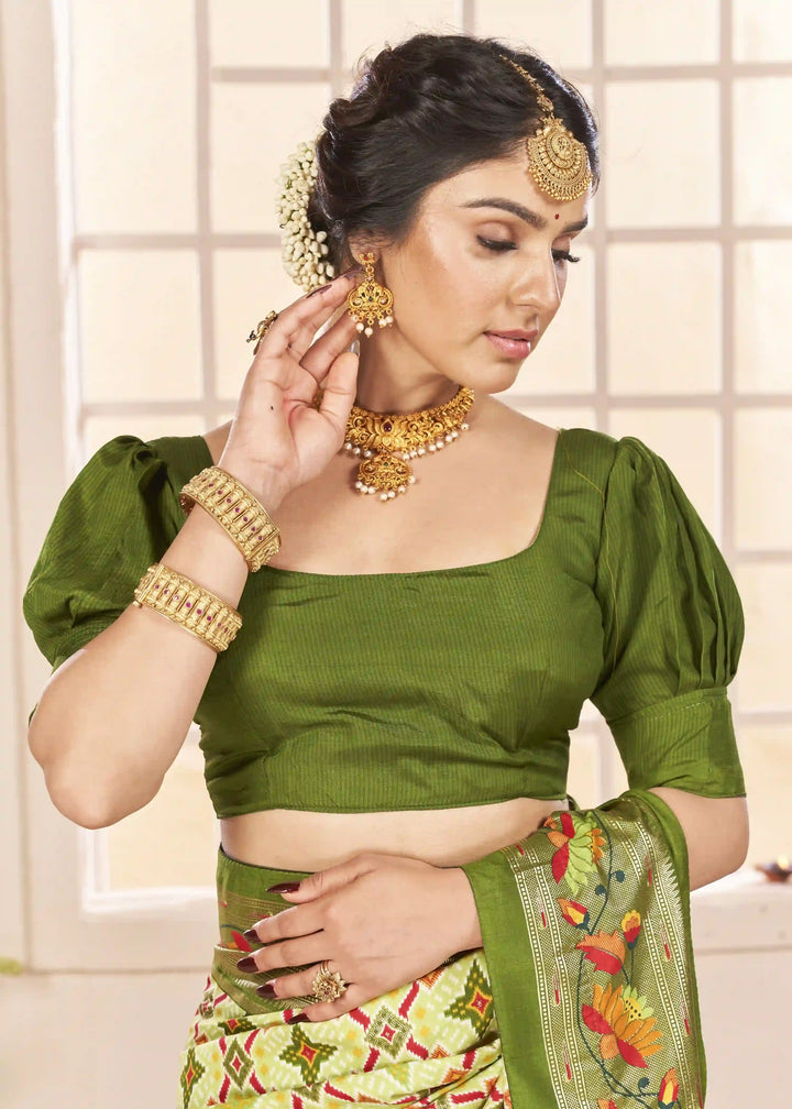 Premium Green Cotton Silk Saree with Ikkat Work and Wevon Border Design