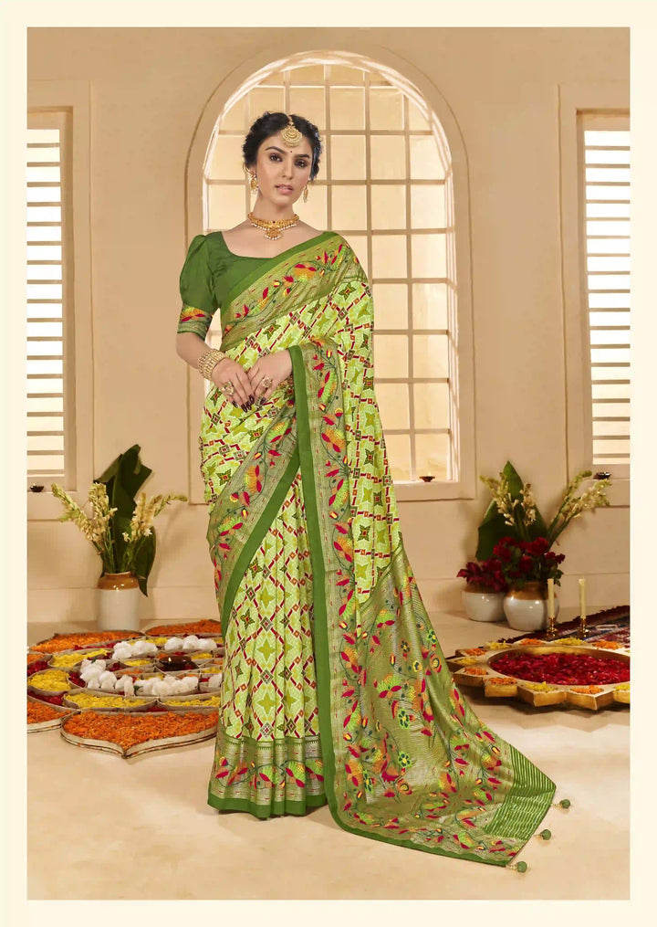 Premium Green Cotton Silk Saree with Ikkat Work and Wevon Border Design