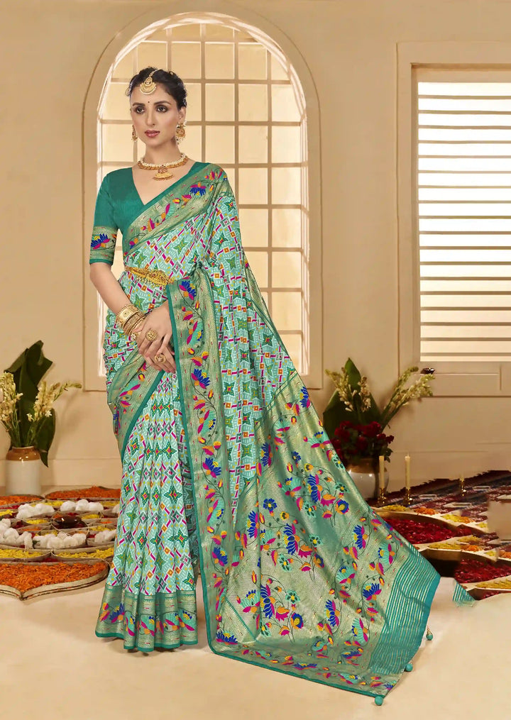 Timeless Sea Green Cotton Silk Saree with Wevon Designer Border and Ikkat Prints