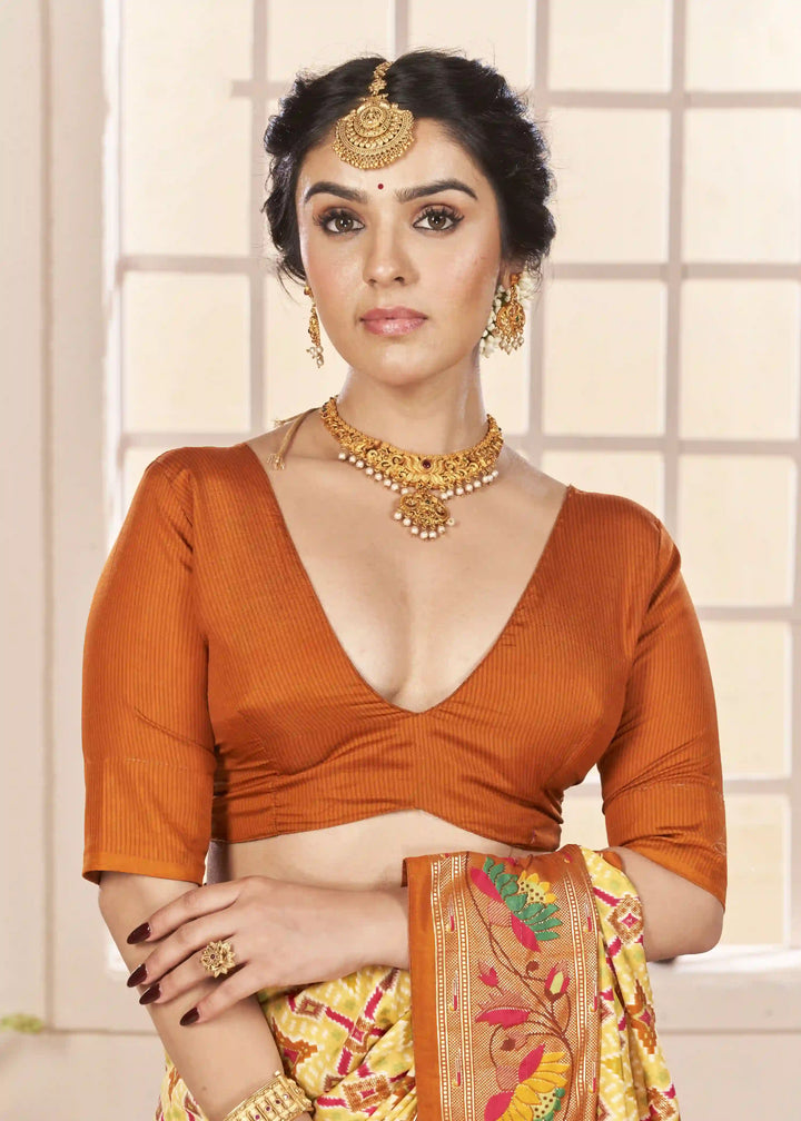 Beautiful Yellow Cotton Silk Saree with Ikkat Print and Wevon Border