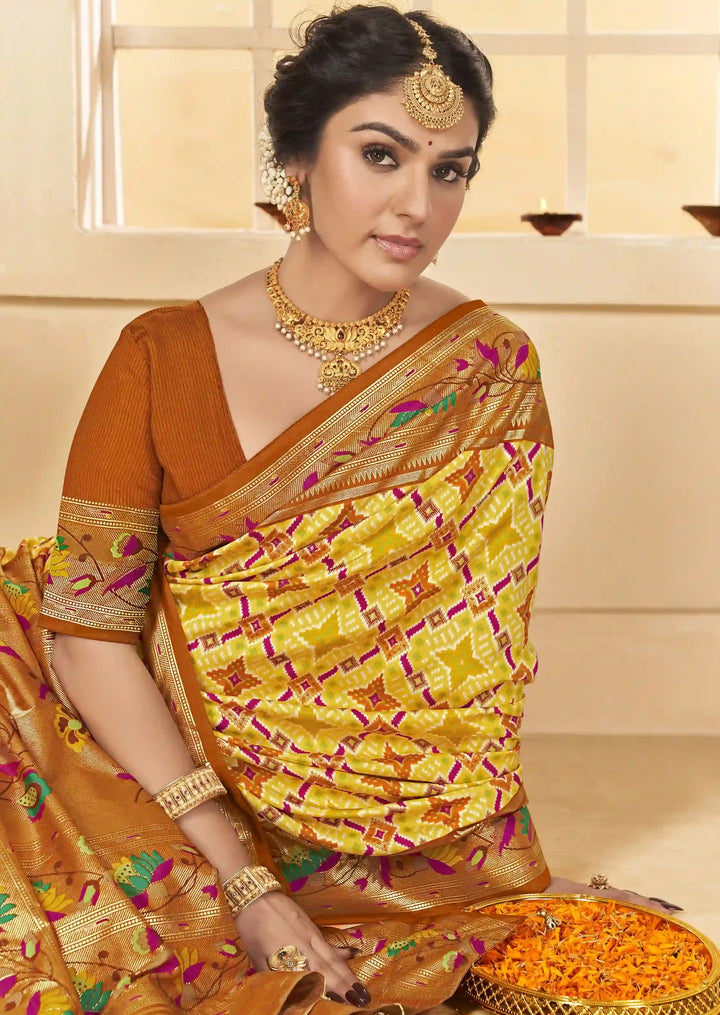 Beautiful Yellow Cotton Silk Saree with Ikkat Print and Wevon Border