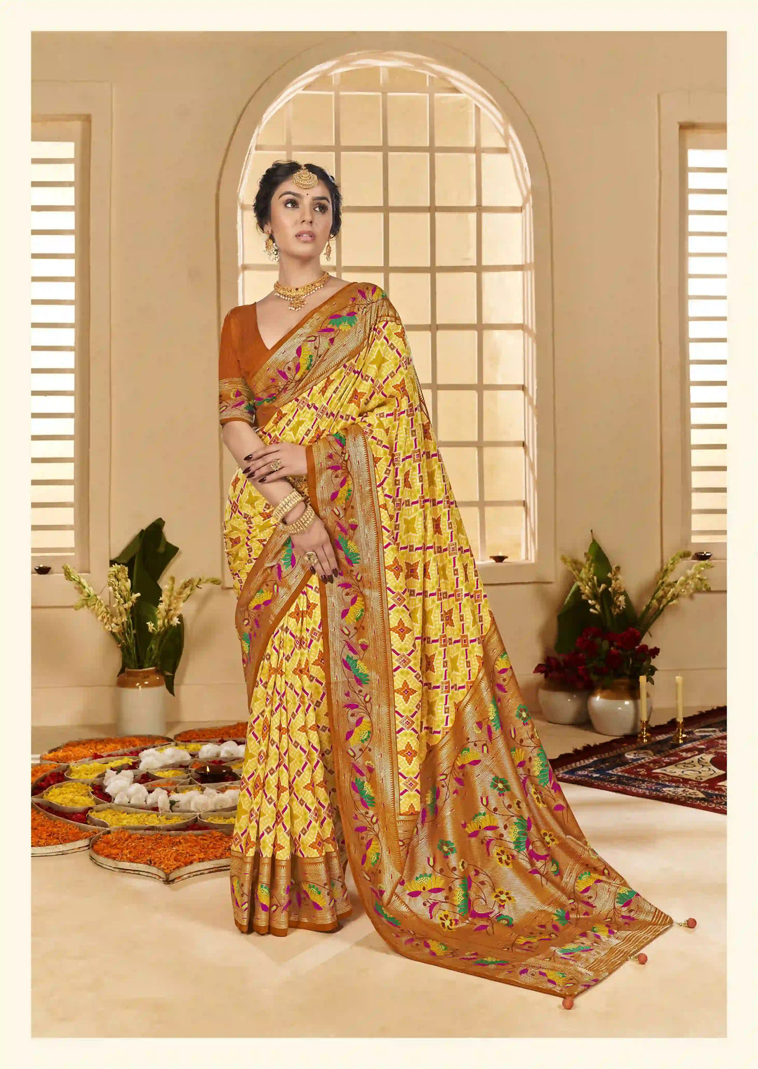 Beautiful Yellow Cotton Silk Saree with Ikkat Print and Wevon Border