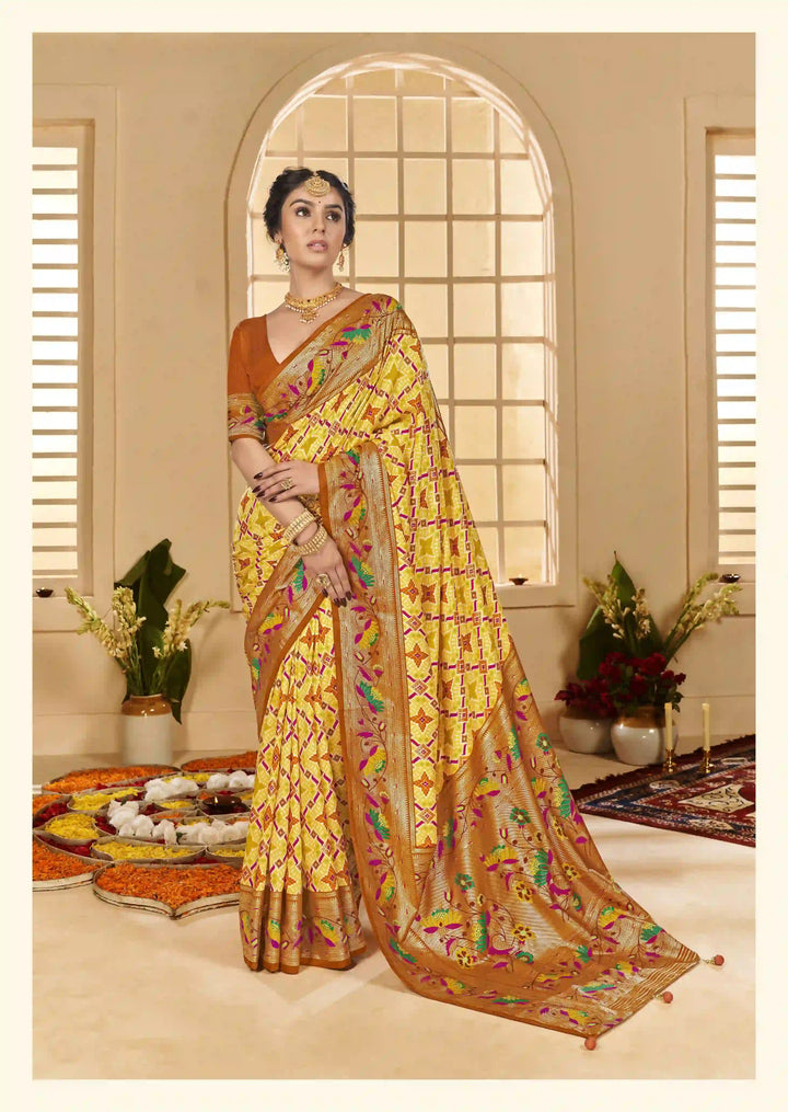 Beautiful Yellow Cotton Silk Saree with Ikkat Print and Wevon Border