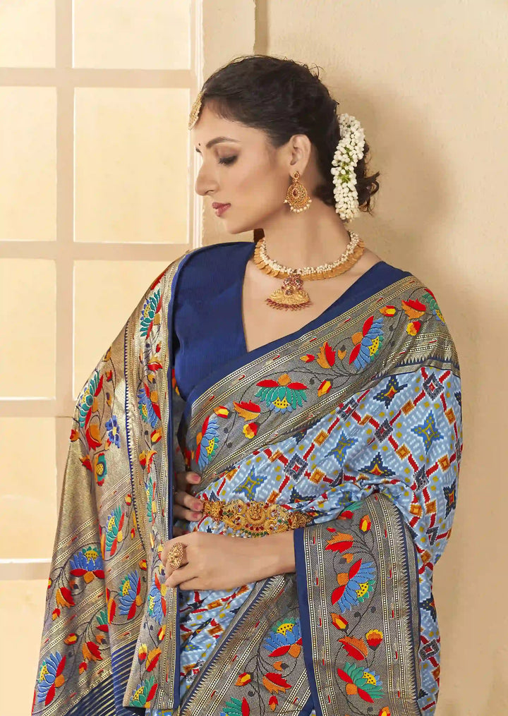 Exquisite Sky Blue Cotton Silk Saree with Ikkat Print and Wevon Border