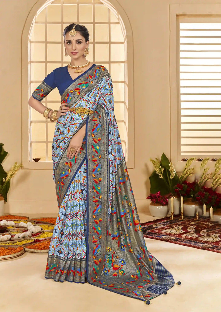 Exquisite Sky Blue Cotton Silk Saree with Ikkat Print and Wevon Border