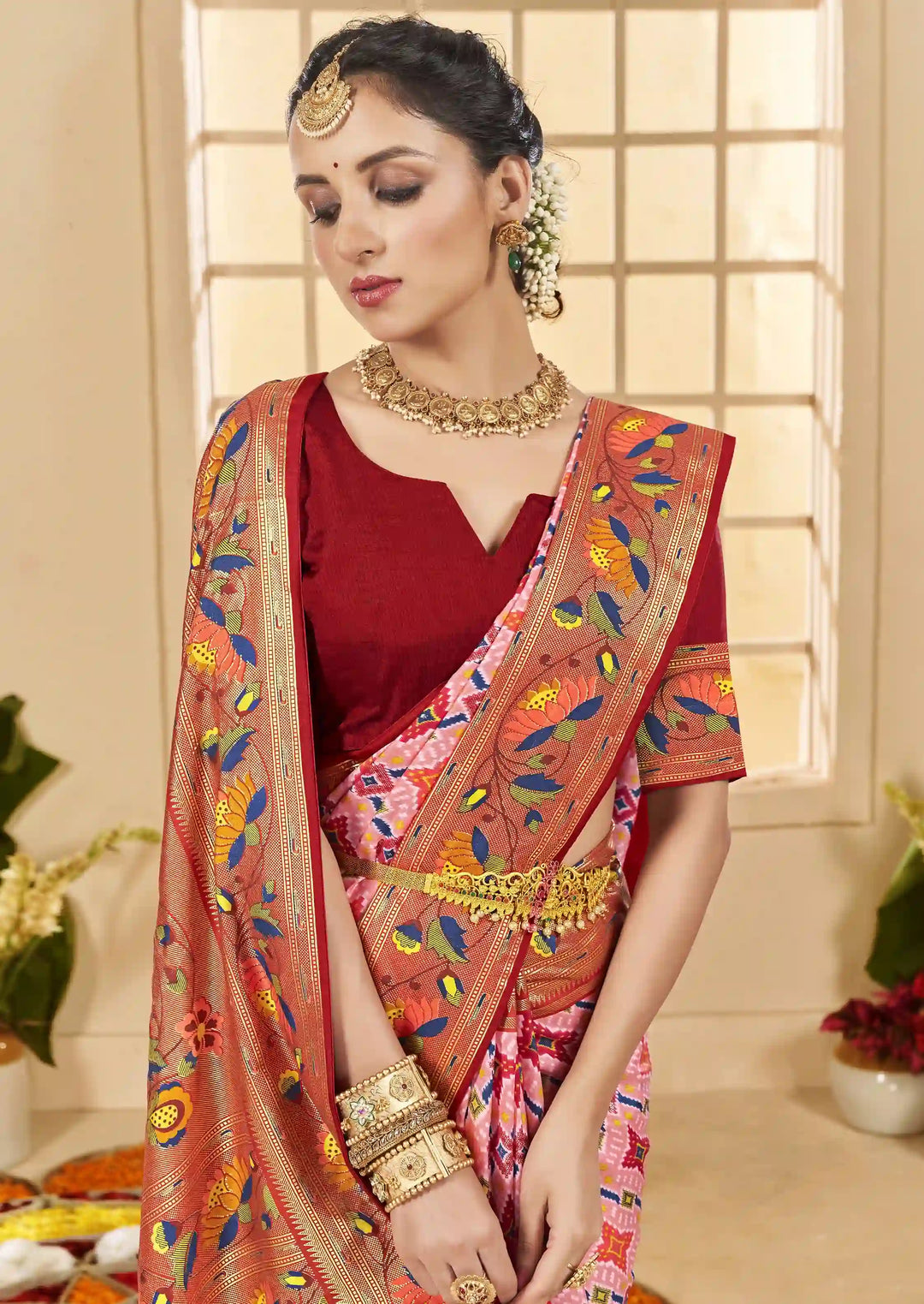Rose Pink Designer Saree in Cotton Silk with Ikkat Print Border