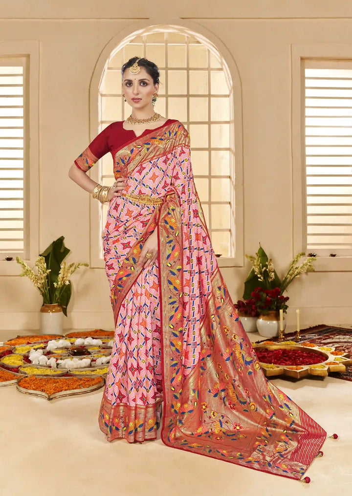 Rose Pink Designer Saree in Cotton Silk with Ikkat Print Border